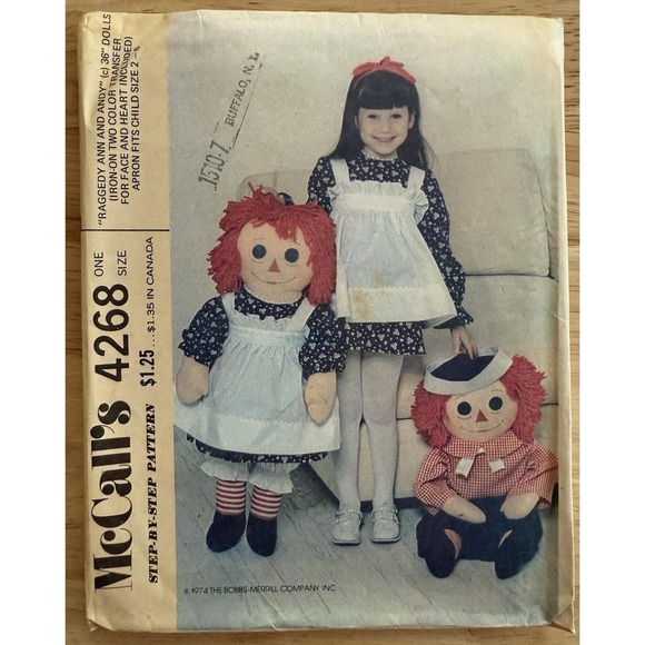 McCalls Craft Pattern 4268 Raggedy Ann & Andy Stuffed Dolls/Clothes & Kids Apron - Picture 1 of 4